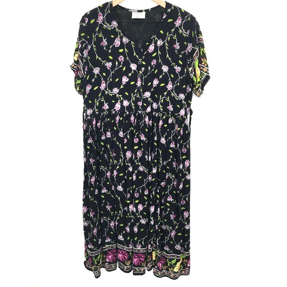 vintage Soha K round neck short sleeve button front rayon dress black floral XL